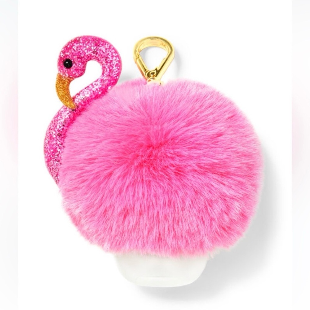 Bath &  Body Glitter Pink Flamingo Fuzzy Pom Pocketbac Hand Sanitize Holder